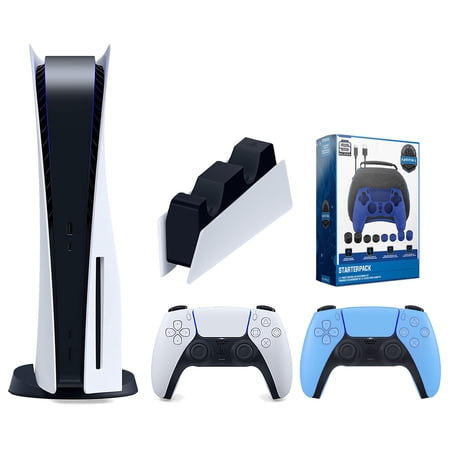 Sony Playstation 5 Disc Version Console with Extra Blue Controller, DualSense Charging Station and Surge Pro Gamer Starter Pack 11-Piece Accessory Bundle