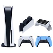Sony Playstation 5 Disc Version Console with Extra Blue Controller, DualSense Charging Station and Surge QuickType 2.0 Wireless PS5 Controller Keypad Bundle