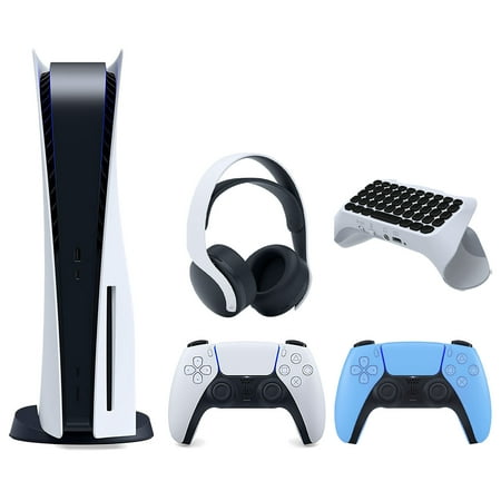 Sony Playstation 5 Disc Version Console with Extra Blue Controller, White PULSE 3D Headset and Surge QuickType 2.0 Wireless PS5 Controller Keypad Bundle