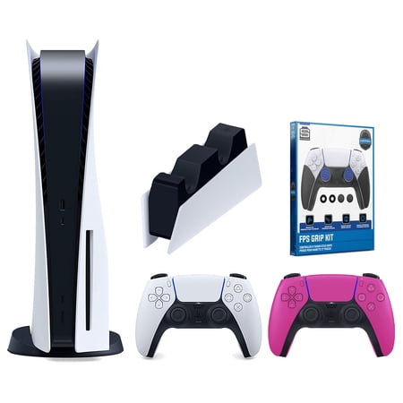 Sony Playstation 5 Disc Version Console with Extra Pink Controller, DualSense Charging Station and Surge FPS Grip Kit With Precision Aiming Rings Bundle