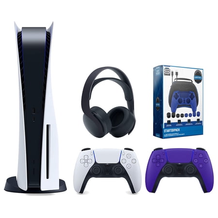 Sony Playstation 5 Disc Version Console with Extra Purple Controller, Black PULSE 3D Headset and Surge Pro Gamer Starter Pack 11-Piece Accessory Bundle