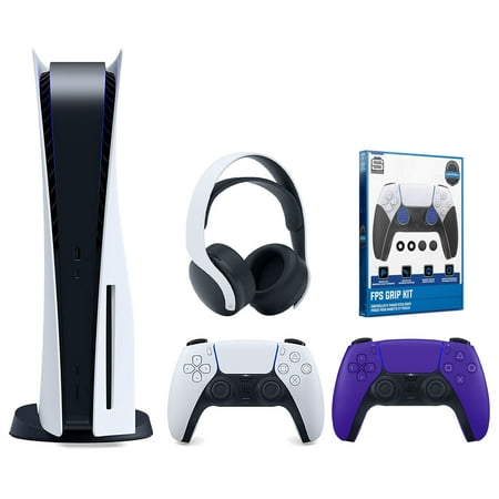 Sony Playstation 5 Disc Version Console with Extra Purple Controller, White PULSE 3D Headset and Surge FPS Grip Kit With Precision Aiming Rings Bundle