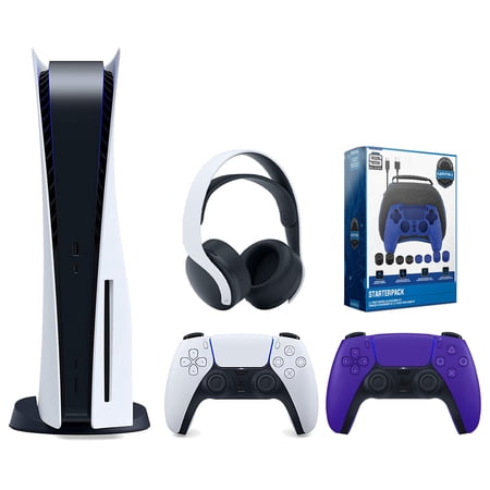 Sony Playstation 5 Disc Version Console with Extra Purple Controller, White PULSE 3D Headset and Surge Pro Gamer Starter Pack 11-Piece Accessory Bundle