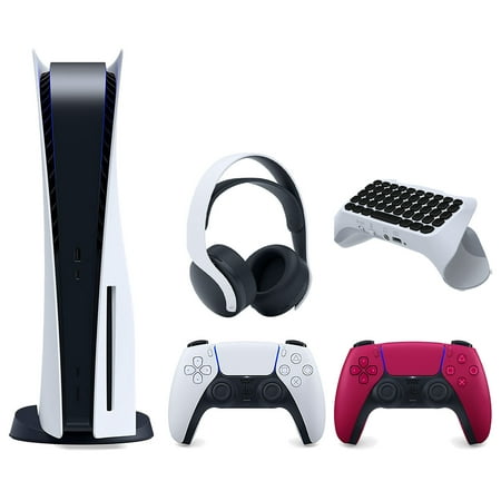 Sony Playstation 5 Disc Version Console with Extra Red Controller, White PULSE 3D Headset and Surge QuickType 2.0 Wireless PS5 Controller Keypad Bundle