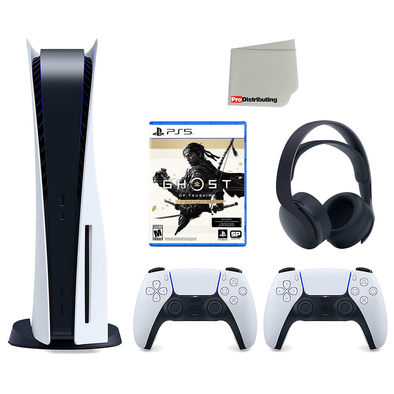 Sony Playstation 5 Disc Version Console with Extra White Controller, Black PULSE 3D Headset and Ghost of Tsushima Director's Cut Bundle with Cleaning Cloth