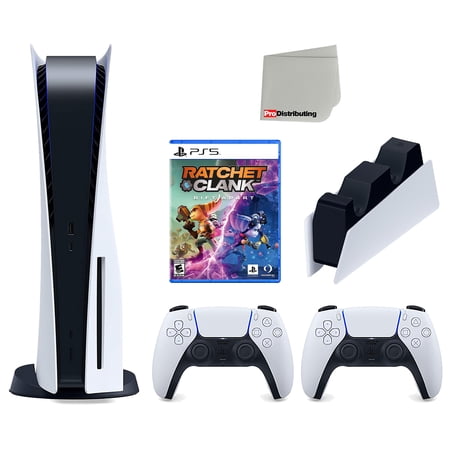 Sony Playstation 5 Disc Version Console with Extra White Controller, DualSense Charging Station and Ratchet & Clark: Rift Apart Bundle with Cleaning Cloth