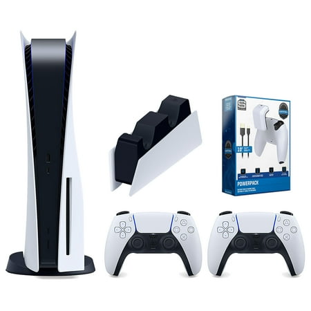 Sony Playstation 5 Disc Version Console with Extra White Controller, DualSense Charging Station and Surge PowerPack Battery Pack & Charge Cable Bundle