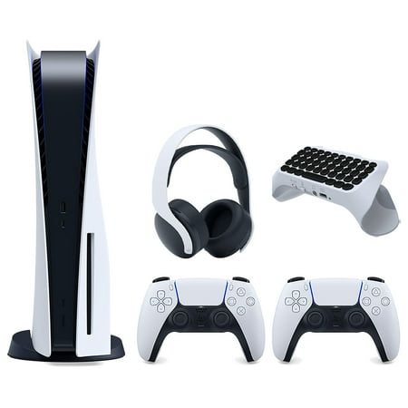 Sony Playstation 5 Disc Version Console with Extra White Controller, White PULSE 3D Headset and Surge QuickType 2.0 Wireless PS5 Controller Keypad Bundle