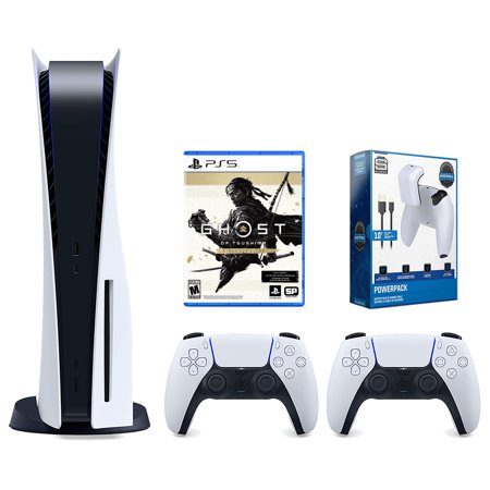 Sony Playstation 5 Disc Version Console with Extra White Controller, Surge PowerPack Battery Pack & Charge Cable and Ghost of Tsushima Director's Cut Bundle