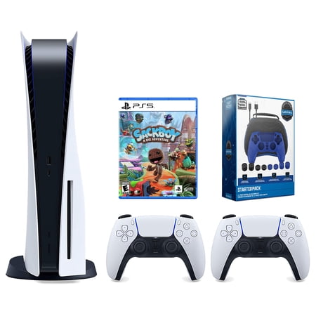 Sony Playstation 5 Disc Version Console with Extra White Controller, Surge Pro Gamer Starter Pack 11-Piece Accessory Kit and Sackboy: A Big Adventure Bundle