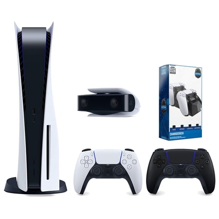 Sony Playstation 5 Disc Version Console with Extra Black Controller, 1080p HD Camera and Surge Dual Controller Charge Dock Bundle