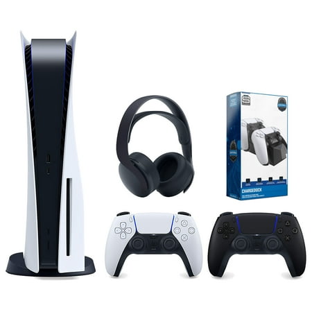 Sony Playstation 5 Disc Version Console with Extra Black Controller, Black PULSE 3D Headset and Surge Dual Controller Charge Dock Bundle