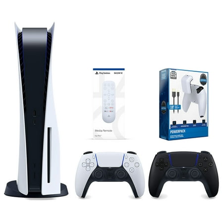 Sony Playstation 5 Disc Version Console with Extra Black Controller, Media Remote and Surge PowerPack Battery Pack & Charge Cable Bundle