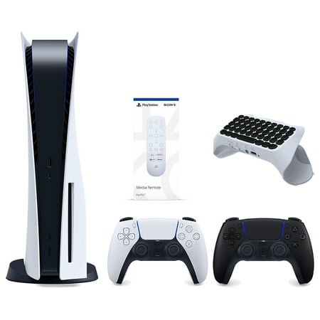 Sony Playstation 5 Disc Version Console with Extra Black Controller, Media Remote and Surge QuickType 2.0 Wireless PS5 Controller Keypad Bundle