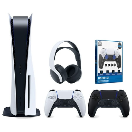 Sony Playstation 5 Disc Version Console with Extra Black Controller, White PULSE 3D Headset and Surge FPS Grip Kit With Precision Aiming Rings Bundle