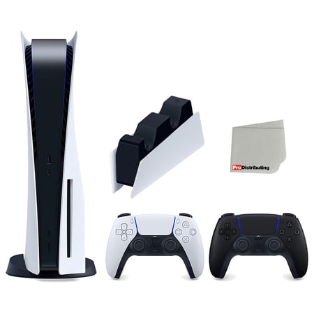 Sony Playstation 5 Disc Version Console with Extra Black Controller and DualSense Charging Station Bundle with Cleaning Cloth