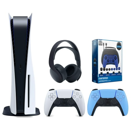 Sony Playstation 5 Disc Version Console with Extra Blue Controller, Black PULSE 3D Headset and Surge Pro Gamer Starter Pack 11-Piece Accessory Bundle