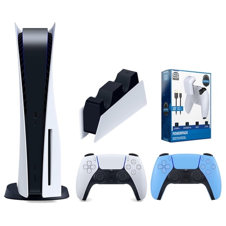 Sony Playstation 5 Disc Version Console with Extra Blue Controller, DualSense Charging Station and Surge PowerPack Battery Pack & Charge Cable Bundle