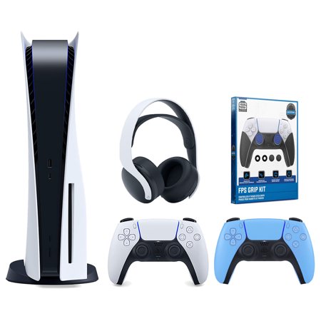 Sony Playstation 5 Disc Version Console with Extra Blue Controller, White PULSE 3D Headset and Surge FPS Grip Kit With Precision Aiming Rings Bundle