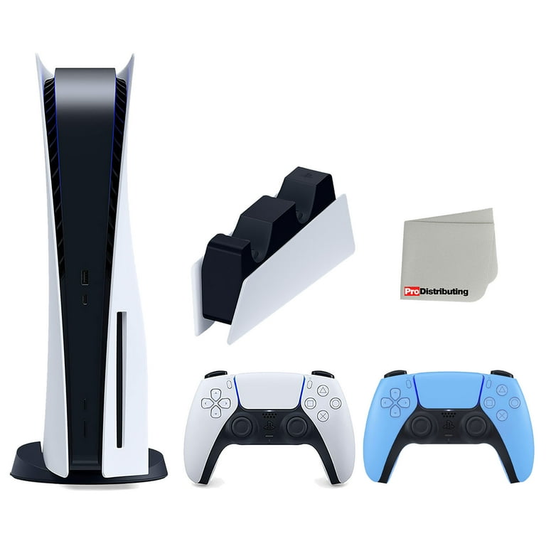 Sony Playstation 5 Digital Edition Console with Extra Blue Controller,  White PULSE 3D Headset and Surge Dual Controller Charge Dock Bundle