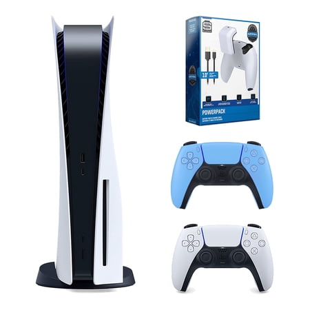 Sony Playstation 5 Disc Version Console with Extra Blue Controller and Surge PowerPack Battery Pack & Charge Cable Bundle