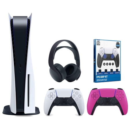Sony Playstation 5 Disc Version Console with Extra Pink Controller, Black PULSE 3D Headset and Surge FPS Grip Kit With Precision Aiming Rings Bundle