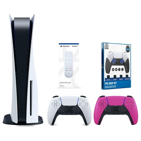 Sony Playstation 5 Disc Version Console with Extra Pink Controller, Media Remote and Surge FPS Grip Kit With Precision Aiming Rings Bundle