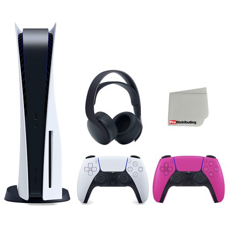 Sony Playstation 5 Disc Version Console with Extra Pink Controller and Black PULSE 3D Headset Bundle with Cleaning Cloth