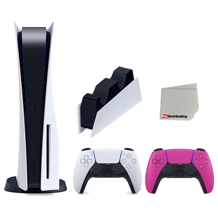 Sony Playstation 5 Disc Version Console with Extra Pink Controller and DualSense Charging Station Bundle with Cleaning Cloth