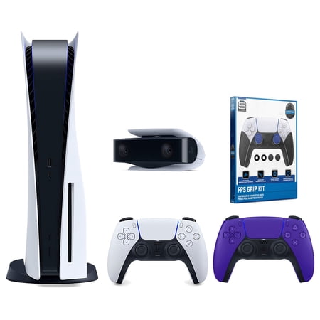 Sony Playstation 5 Disc Version Console with Extra Purple Controller, 1080p HD Camera and Surge FPS Grip Kit With Precision Aiming Rings Bundle