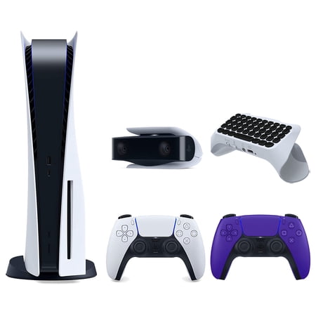 Sony Playstation 5 Disc Version Console with Extra Purple Controller, 1080p HD Camera and Surge QuickType 2.0 Wireless PS5 Controller Keypad Bundle