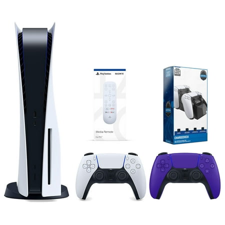 Sony Playstation 5 Disc Version Console with Extra Purple Controller, Media Remote and Surge Dual Controller Charge Dock Bundle