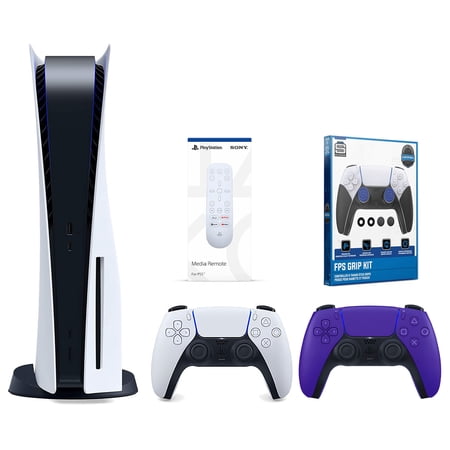 Sony Playstation 5 Disc Version Console with Extra Purple Controller, Media Remote and Surge FPS Grip Kit With Precision Aiming Rings Bundle