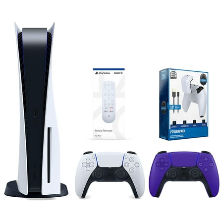 Sony Playstation 5 Disc Version Console with Extra Purple Controller, Media Remote and Surge PowerPack Battery Pack & Charge Cable Bundle