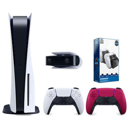 Sony Playstation 5 Disc Version Console with Extra Red Controller, 1080p HD Camera and Surge Dual Controller Charge Dock Bundle