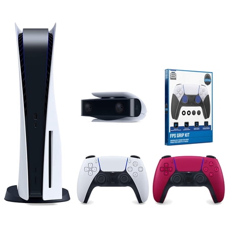 Sony Playstation 5 Disc Version Console with Extra Red Controller, 1080p HD Camera and Surge FPS Grip Kit With Precision Aiming Rings Bundle