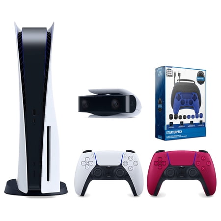 Sony Playstation 5 Disc Version Console with Extra Red Controller, 1080p HD Camera and Surge Pro Gamer Starter Pack 11-Piece Accessory Bundle