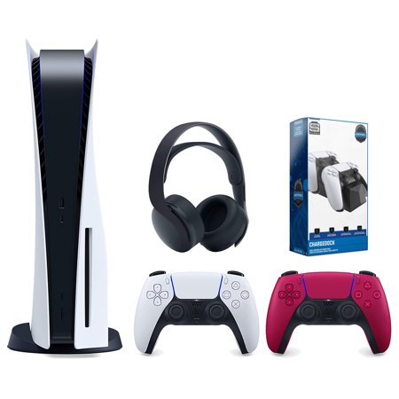 Sony Playstation 5 Disc Version Console with Extra Red Controller, Black PULSE 3D Headset and Surge Dual Controller Charge Dock Bundle