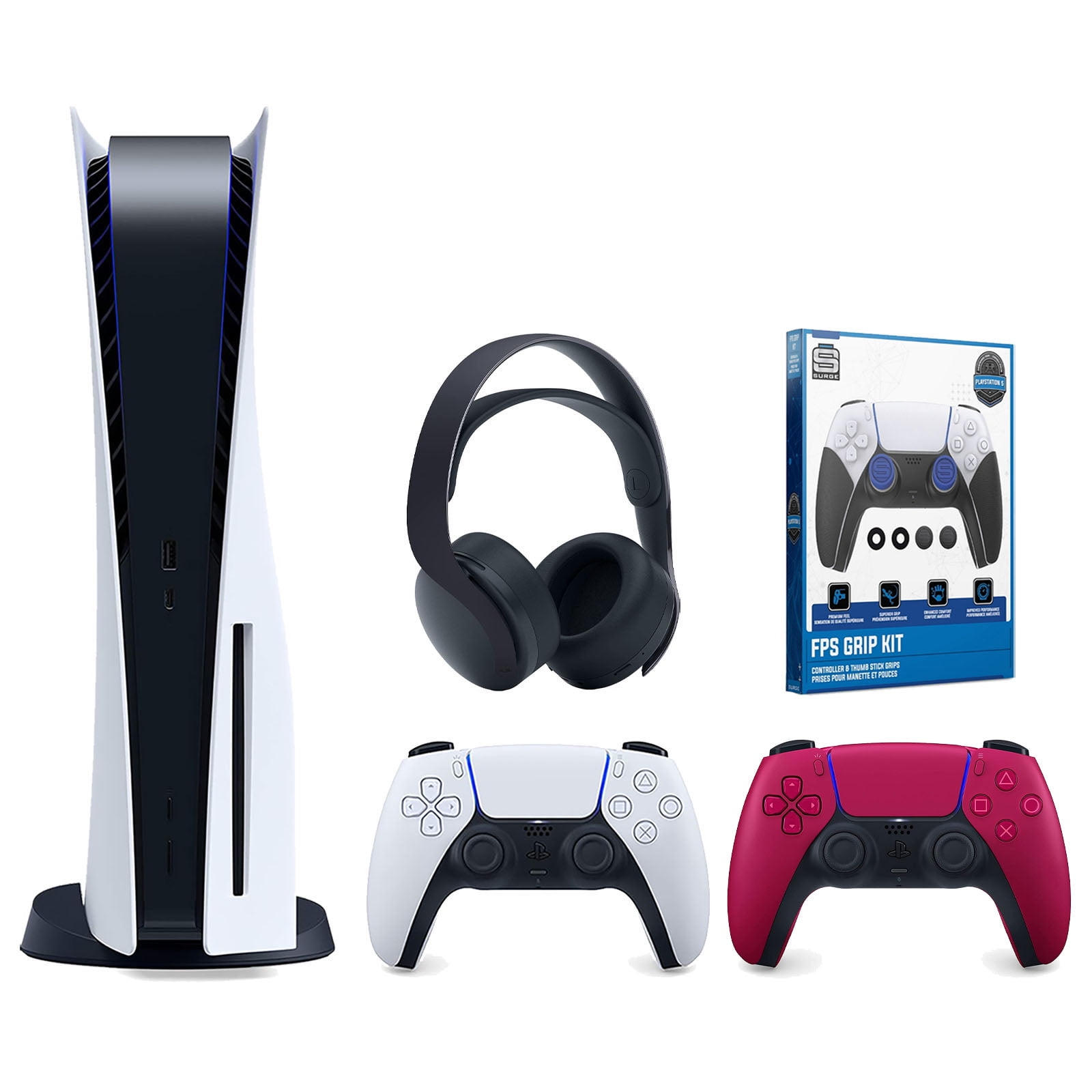 Sony Playstation 5 Disc Version Console with Extra Red Controller, Black PULSE 3D Headset and Surge FPS Grip Kit With Precision Aiming Rings Bundle