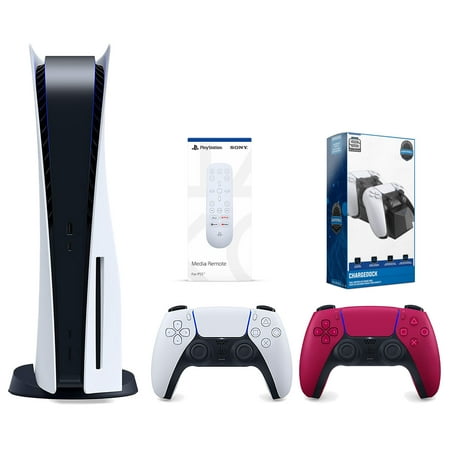 Sony Playstation 5 Disc Version Console with Extra Red Controller, Media Remote and Surge Dual Controller Charge Dock Bundle