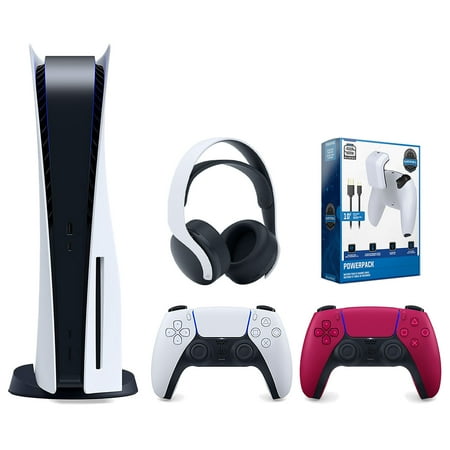 Sony Playstation 5 Disc Version Console with Extra Red Controller, White PULSE 3D Headset and Surge PowerPack Battery Pack & Charge Cable Bundle