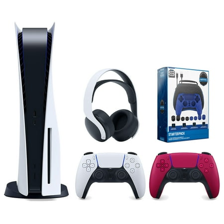 Sony Playstation 5 Disc Version Console with Extra Red Controller, White PULSE 3D Headset and Surge Pro Gamer Starter Pack 11-Piece Accessory Bundle