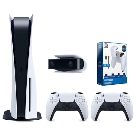 Sony Playstation 5 Disc Version Console with Extra White Controller, 1080p HD Camera and Surge PowerPack Battery Pack & Charge Cable Bundle