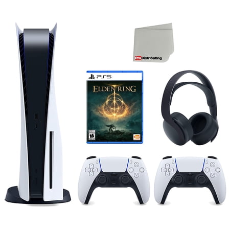 Sony Playstation 5 Disc Version Console with Extra White Controller, Black PULSE 3D Headset, Elden Ring and Cleaning Cloth