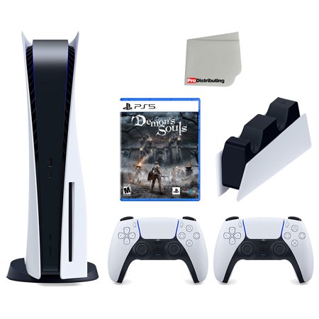 Sony Playstation 5 Disc Version Console with Extra White Controller, DualSense Charging Station and Demon's Souls Bundle with Cleaning Cloth