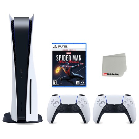 Sony Playstation 5 Disc Version Console with Extra White Controller, Marvel's Spider-Man: Miles Morales Bundle with Cleaning Cloth