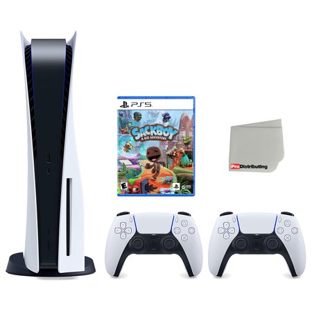 Sony Playstation 5 Disc Version Console with Extra White Controller, Sackboy: A Big Adventure Bundle with Cleaning Cloth