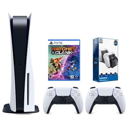 Sony Playstation 5 Disc Version Console with Extra White Controller, Surge Dual Controller Charge Dock and Ratchet & Clark: Rift Apart Bundle