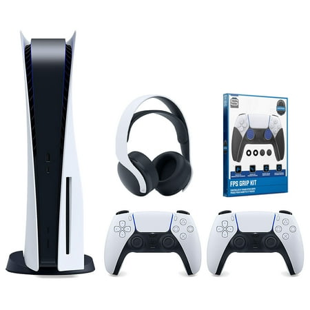 Sony Playstation 5 Disc Version Console with Extra White Controller, White PULSE 3D Headset and Surge FPS Grip Kit With Precision Aiming Rings Bundle