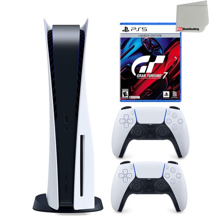 Sony Playstation 5 Disc Version Console with Extra White Controller and Gran Turismo 7 Launch Edition Bundle with Cleaning Cloth